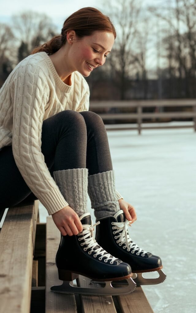 A natural-looking young woman wearing insulated socks peeking out above ice skates. Theme ice skating outfit