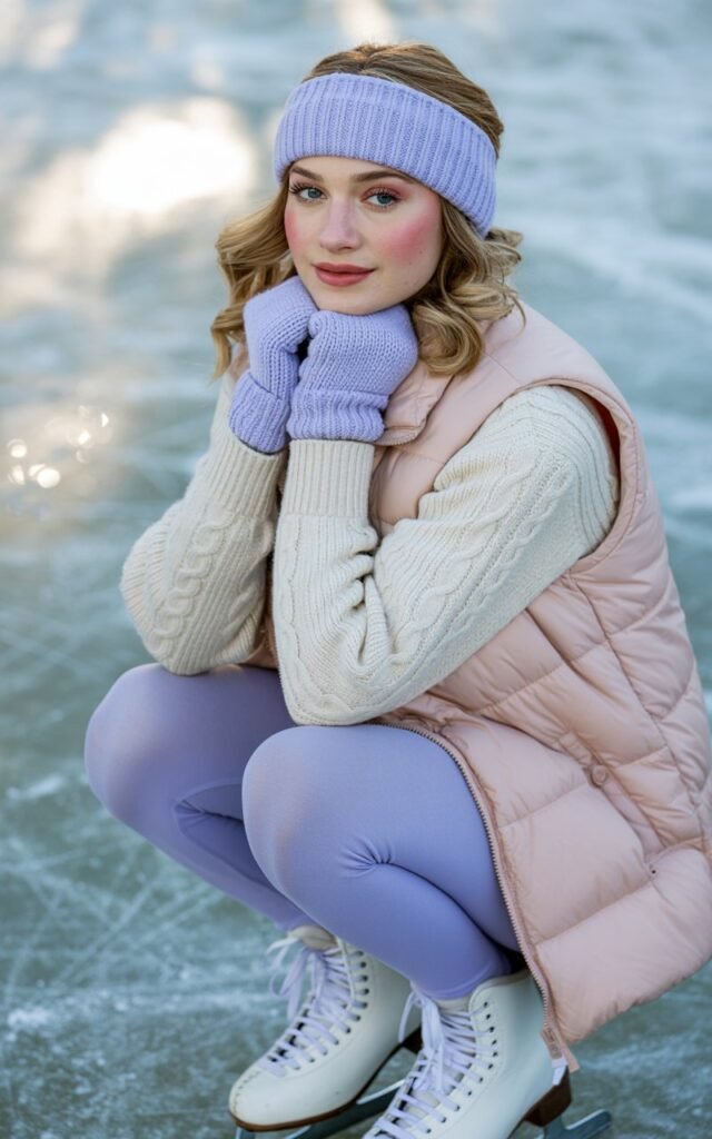 A natural-looking young woman wearing pastel-colored winter layers with a soft feminine aesthetic. Theme ice skating outfit