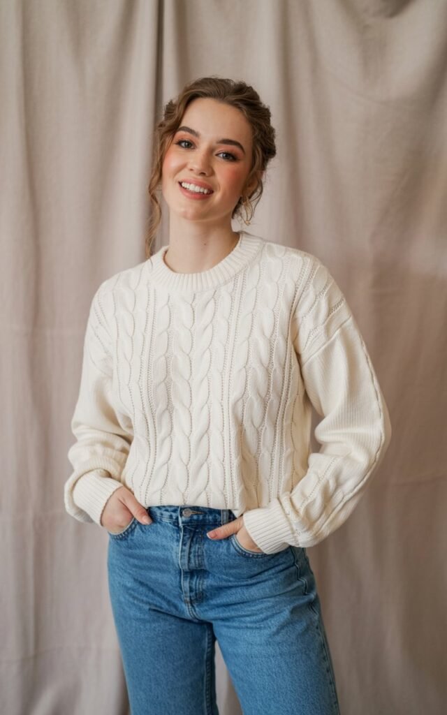 A natural-looking young woman wearing soft neutral pieces mixed with classic blue denim. Theme family photo outfits