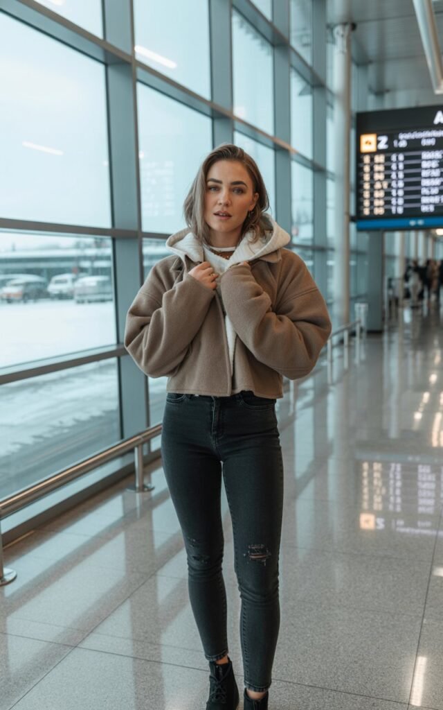 A natural-looking young woman wearing stretchy black jeans with a cozy shacket. Theme airport outfit winter