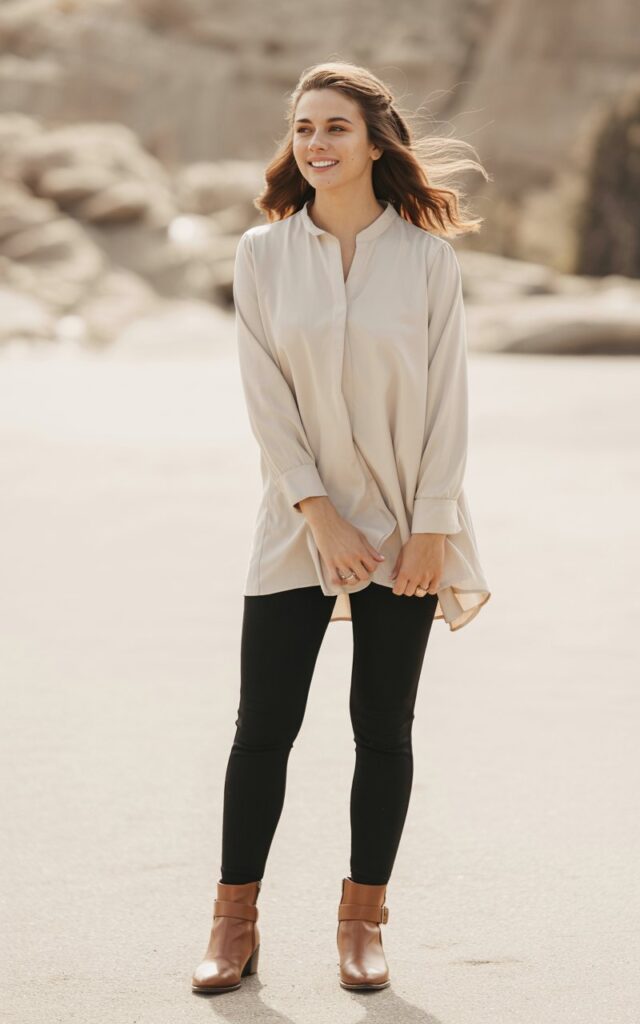 A natural-looking young woman wearing structured leggings balanced with a tunic-length blouse and ankle boots. Theme family photo outfits