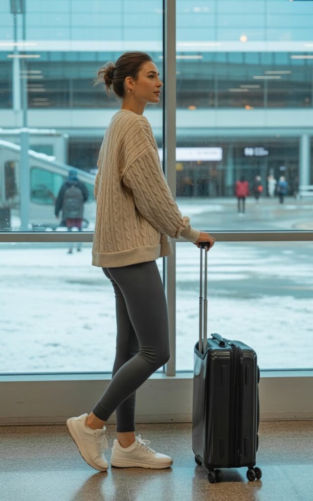 A natural-looking young woman wearing thermal leggings with an oversized sweatshirt. Theme airport outfit winter