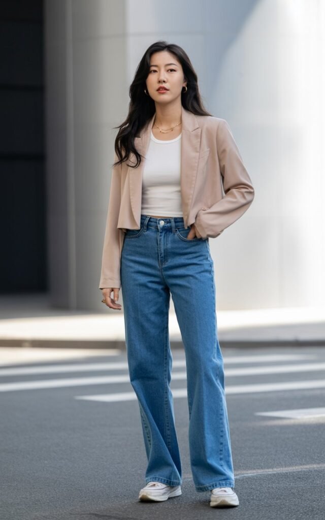 A natural-looking young woman wearing wide-leg jeans paired with a cropped blazer and a simple fitted top. Theme korean casual outfits