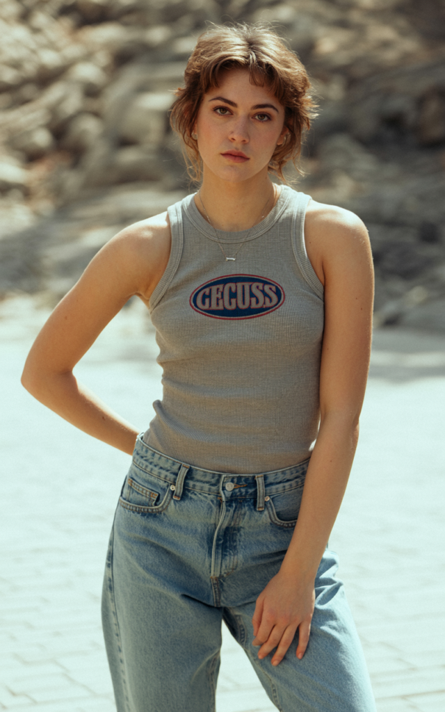 A photograph of a natural-looking young woman in her twenties wearing a fitted logo tank top paired with low-rise denim jeans in classic 90s style. She has effortless, tousled hair and minimal makeup, embodying the relaxed grunge-meets-casual aesthetic of the decade. Her pose is confident yet understated, with one hand resting on her hip and the other casually at her side. The background features soft, diffused lighting reminiscent of 90s fashion photography, with muted earth tones and a slightly desaturated color palette that emphasizes the nostalgic, laid-back atmosphere.