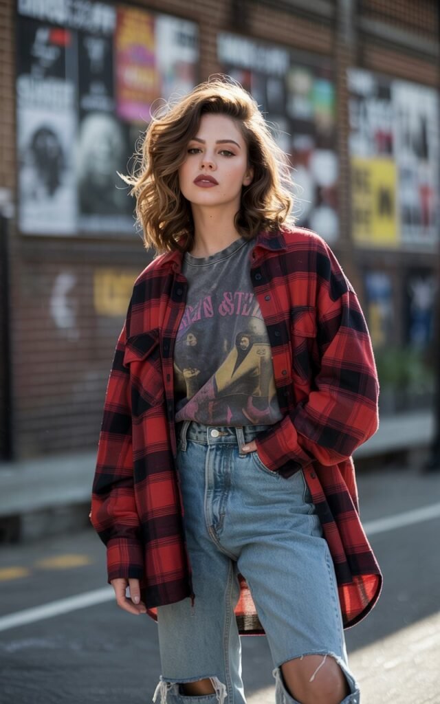 A photograph of a natural-looking young woman styled in authentic 90s grunge fashion, wearing an oversized red and black plaid flannel shirt loosely buttoned over a faded band t-shirt. She's paired this with high-waisted light-wash jeans featuring strategic rips at the knees and thighs, completing the look with worn black Doc Martens boots. Her hair falls in tousled waves with face-framing layers, and she has minimal makeup with dark-rimmed eyes and matte lips. The setting suggests an urban environment with brick walls and vintage concert posters in soft focus behind her, capturing the rebellious yet effortless spirit of 1990s alternative culture.