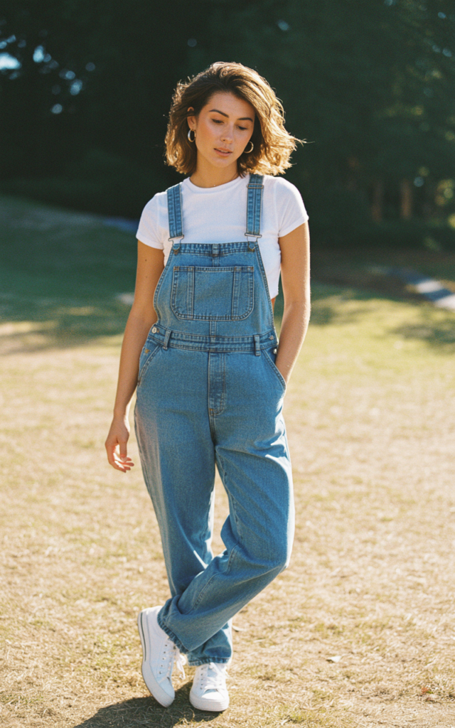 A photograph of a young woman with effortless natural beauty wearing classic denim overalls styled over a fitted white cotton tee. She has tousled shoulder-length hair with subtle highlights and minimal makeup, embodying the relaxed 90s aesthetic with confidence. The overalls are slightly loose-fitting with one strap casually unfastened, paired with white canvas sneakers and simple hoop earrings. The background features a sun-dappled outdoor setting with vintage film photography qualities, including warm golden tones and soft grain that captures the authentic 1990s vibe.