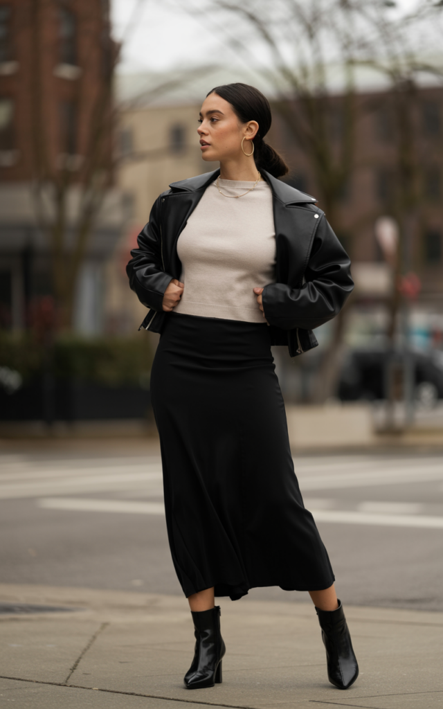 Add a cropped leather jacket for edge.