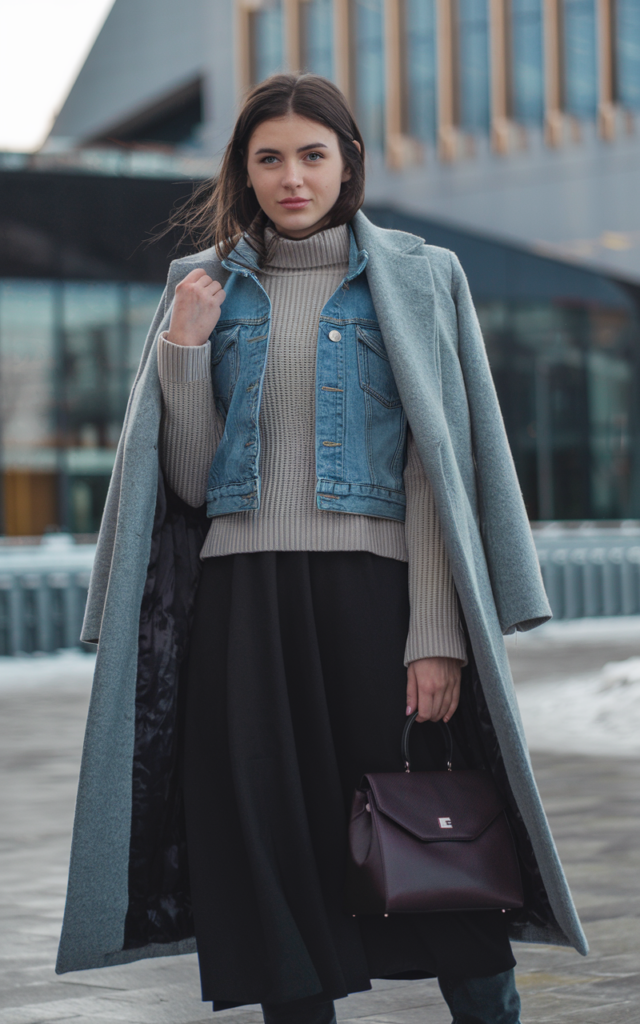 Add a denim jacket under a long coat.