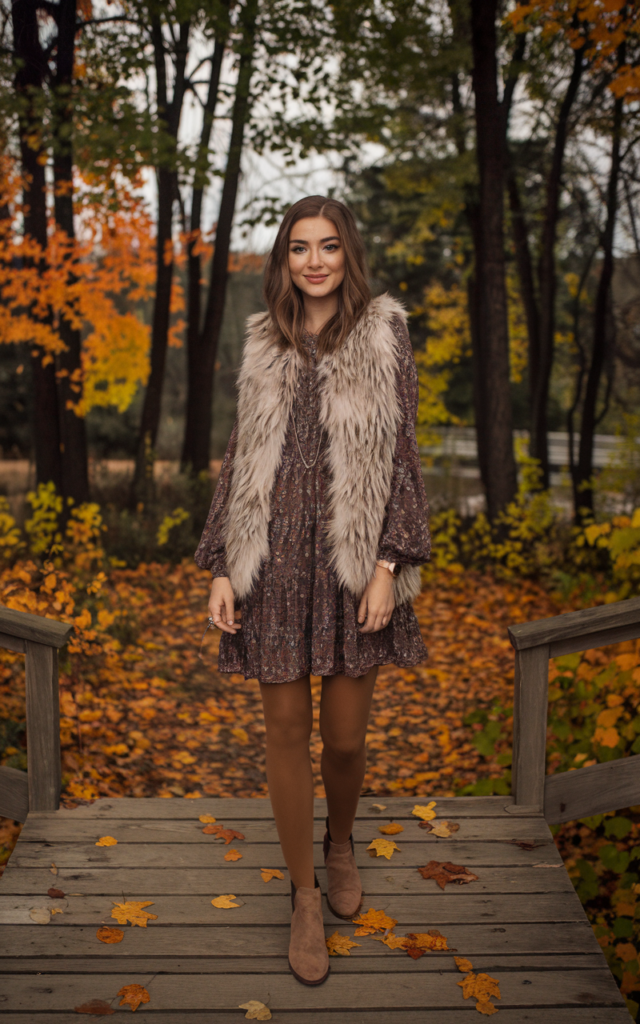 Add a faux fur vest to a printed dress in cooler months