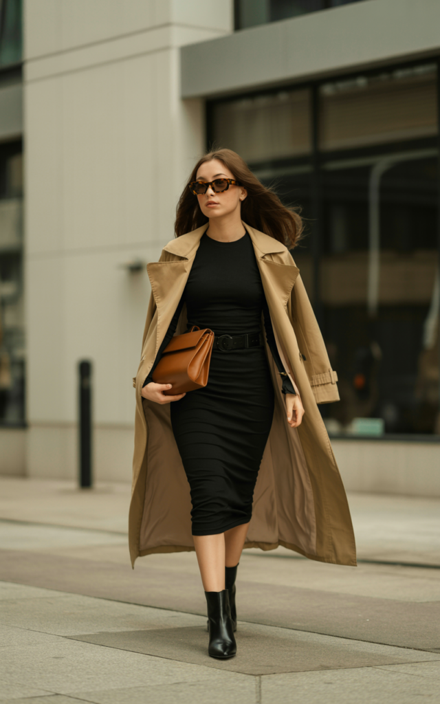 Add a trench coat over a fitted midi dress.