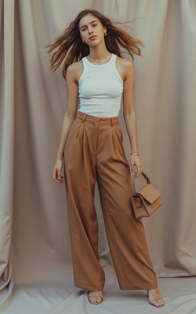 Combine Clay Wide-Leg Pants with a Fitted White Tank