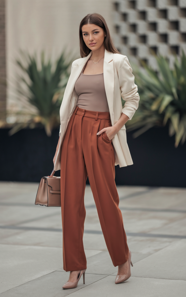 Combine a Cream Blazer with Rust Trousers