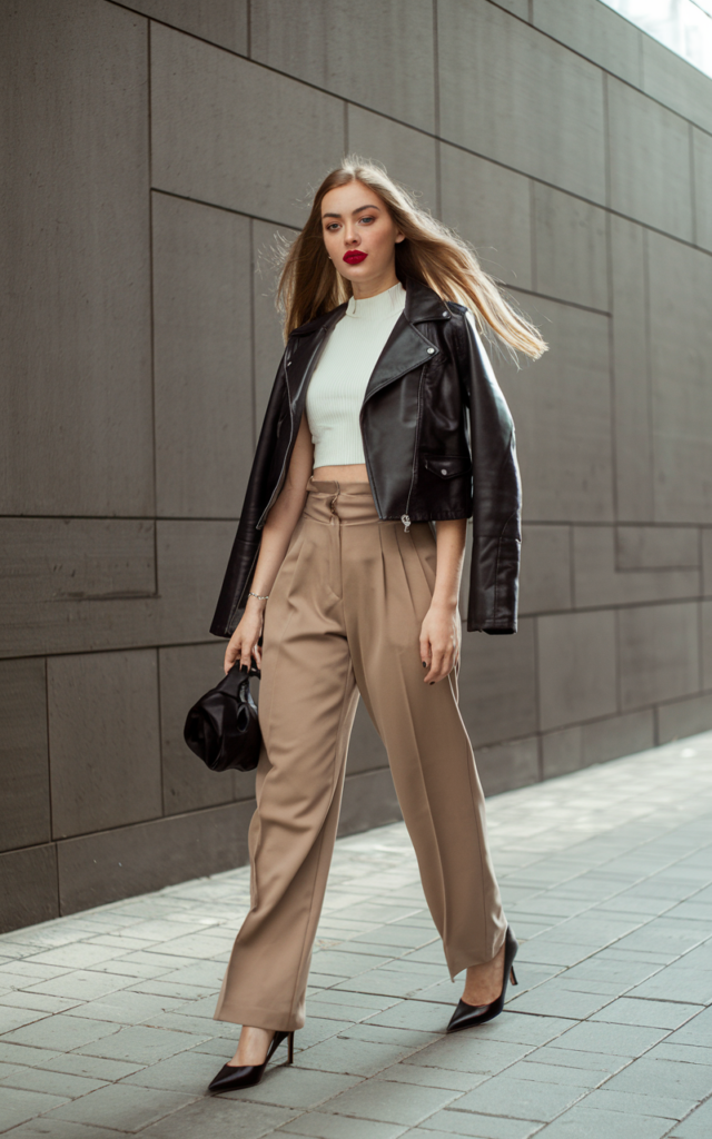 Combine a cropped leather jacket with high-waisted trousers.
