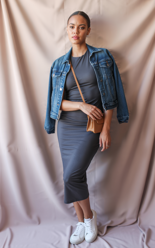 Combine a denim jacket with a bodycon dress.