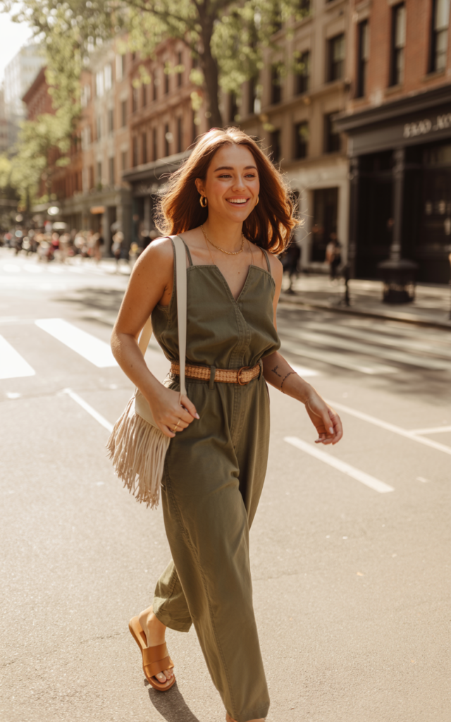 Combine a fringe bag with a monochrome jumpsuit