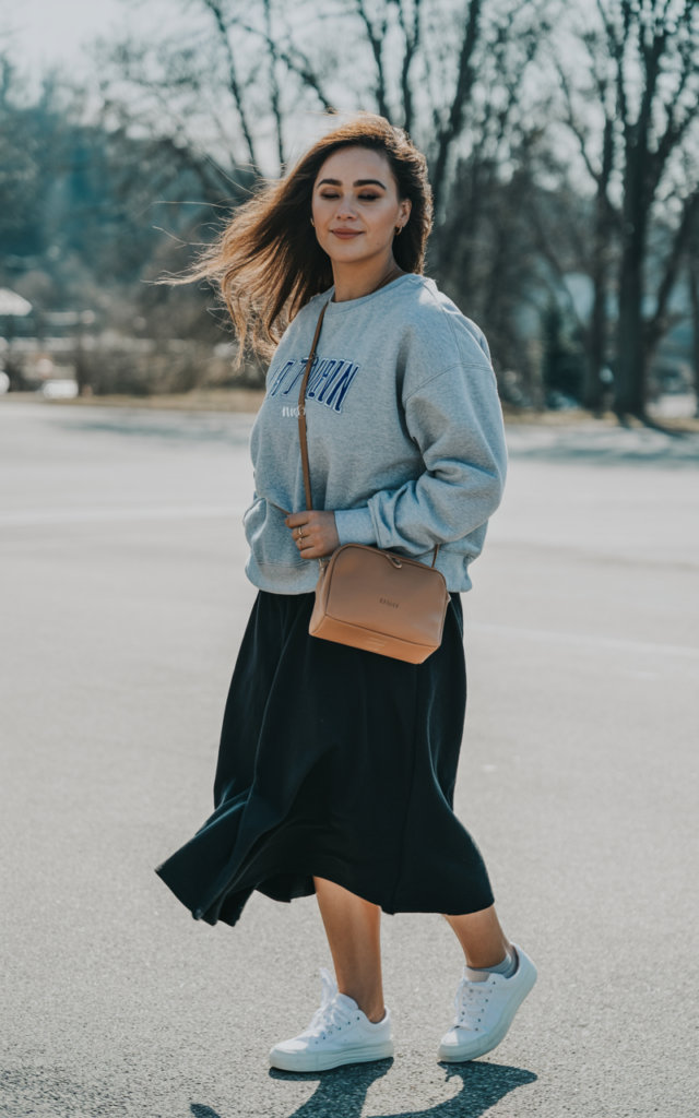 Combine a graphic sweatshirt with sleek sneakers.