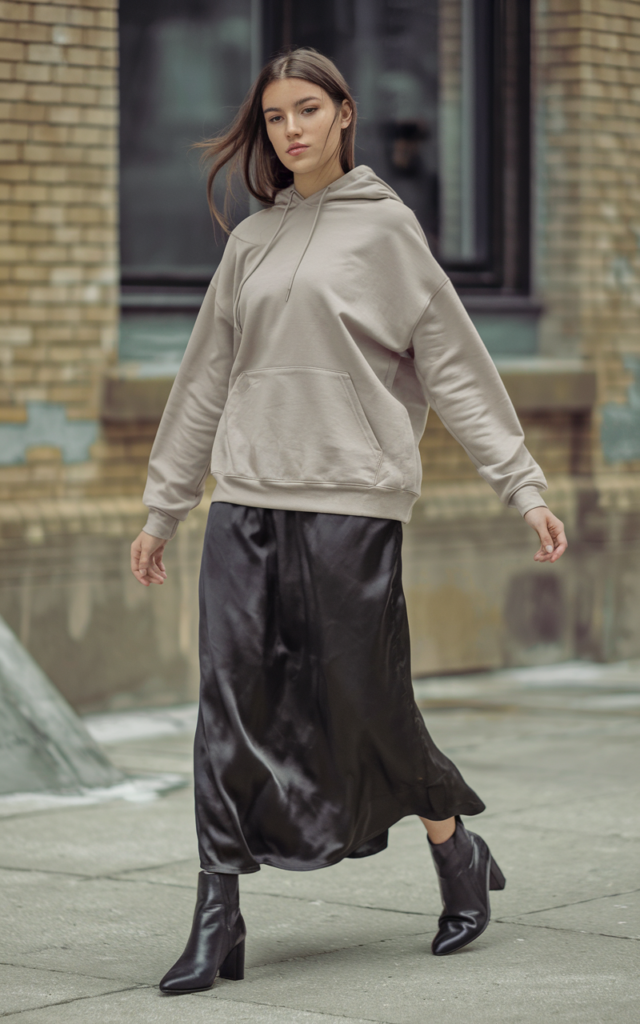 Combine a hoodie with sleek ankle boots.