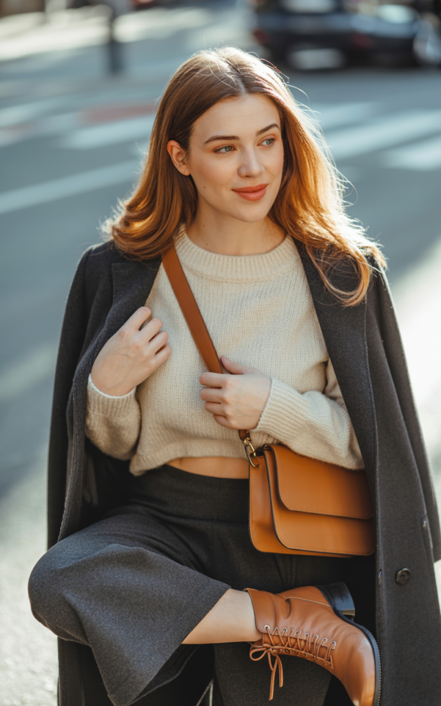 Combine a midi skirt with a cropped sweater and ankle boots.
