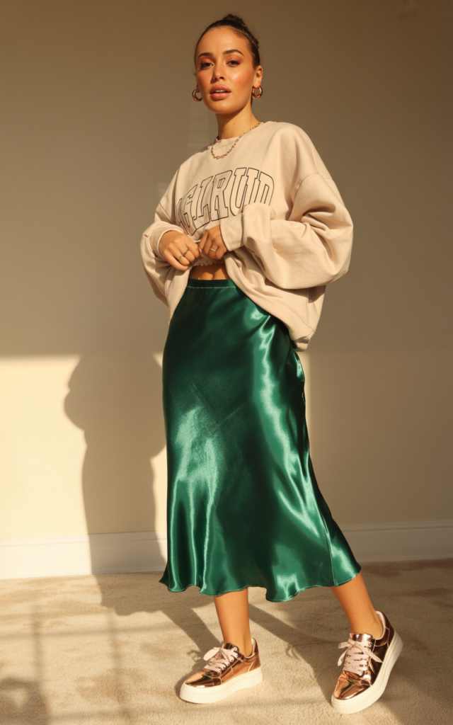 Combine a satin slip skirt with a graphic sweatshirt.