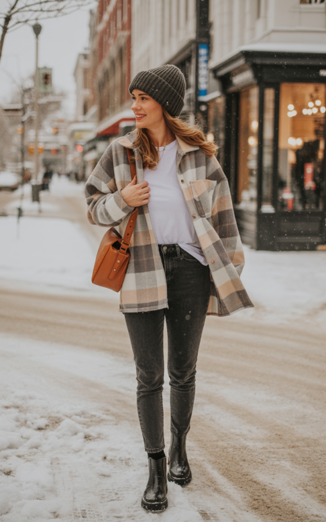 Combine a shacket with skinny jeans and a beanie.