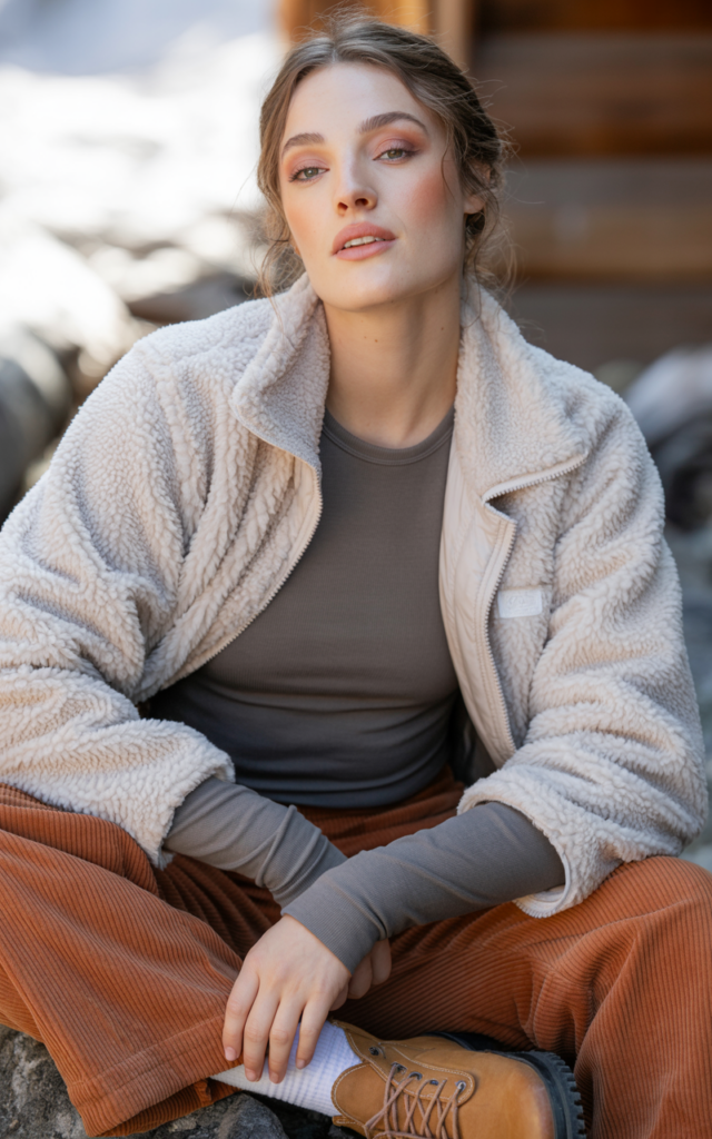 Combine a sherpa jacket with corduroy pants and ankle boots