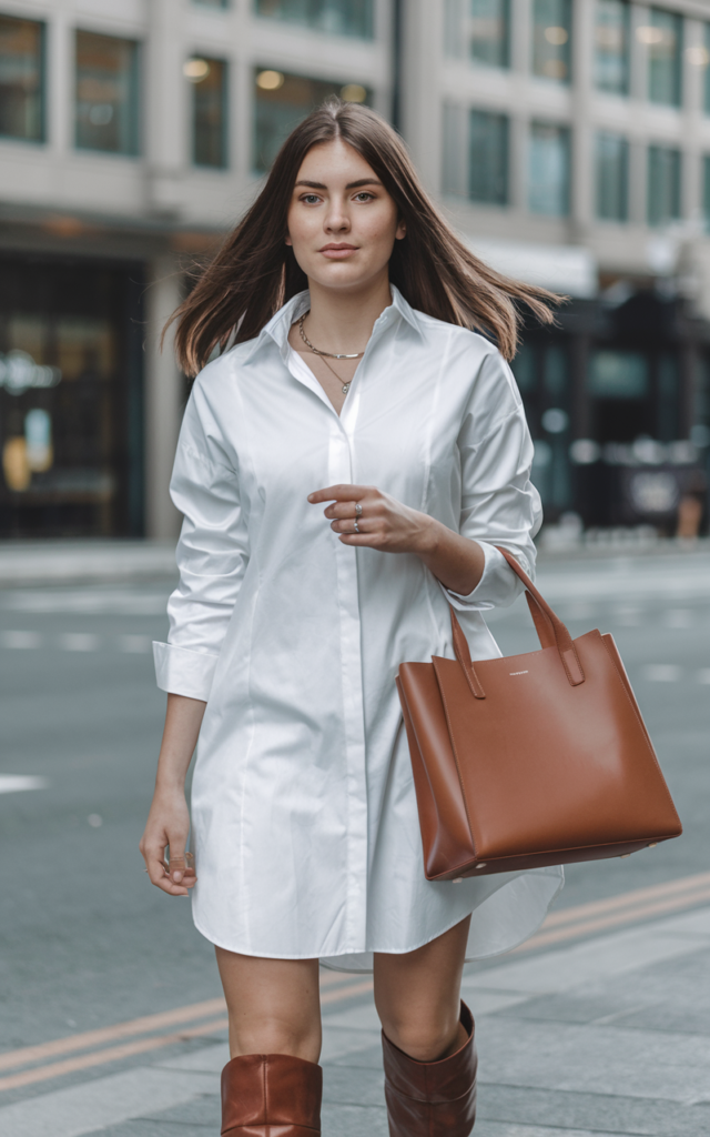 Combine a shirt dress with knee-high boots.