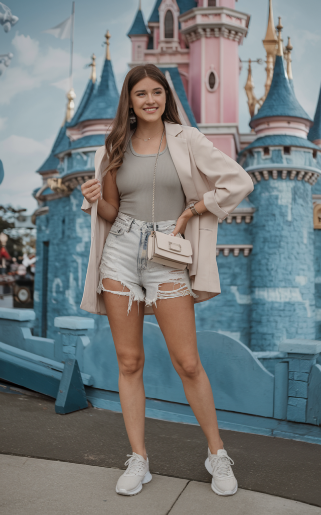 Combine a structured blazer with distressed denim shorts.