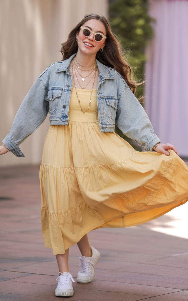 Combine a tiered sundress with a cropped denim jacket.