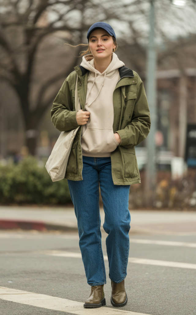 Combine a utility jacket with a hoodie and straight-leg denim.