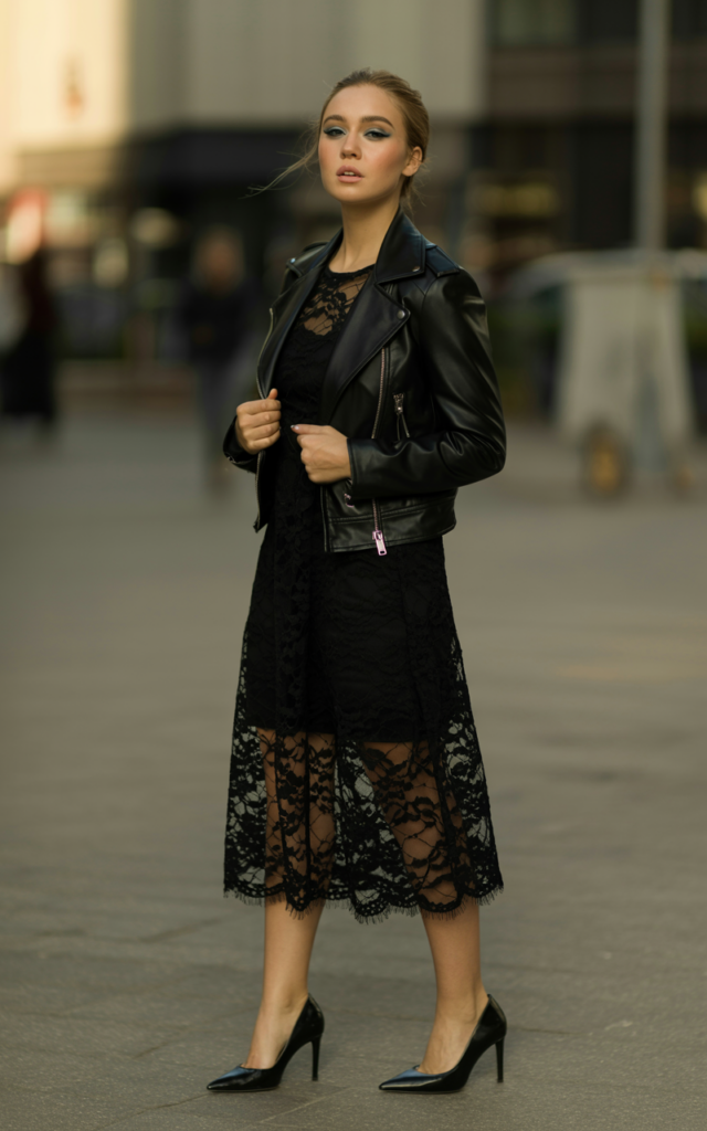 Contrast a lace dress with a leather jacket.