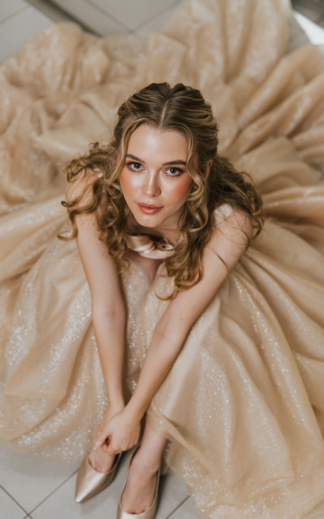 Dazzle in a glitter tulle ball gown with subtle shimmer