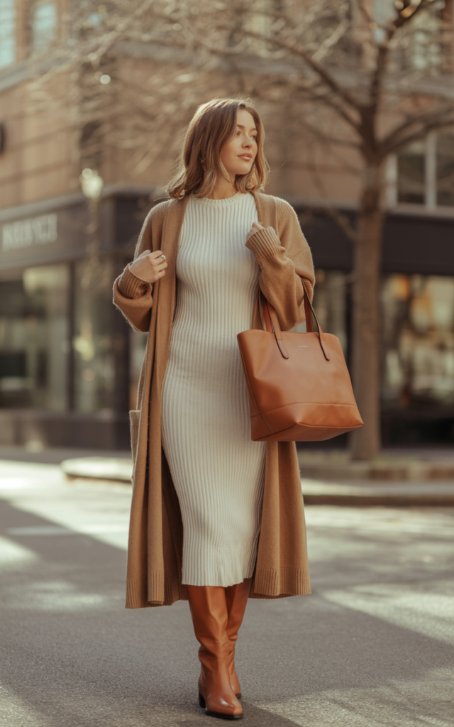 Drape a longline cardigan over a fitted midi dress.