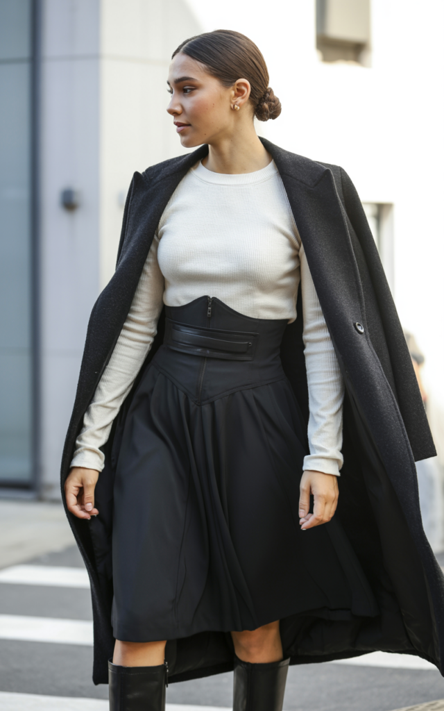 Elevate it with a corset-style belt and fitted knit.