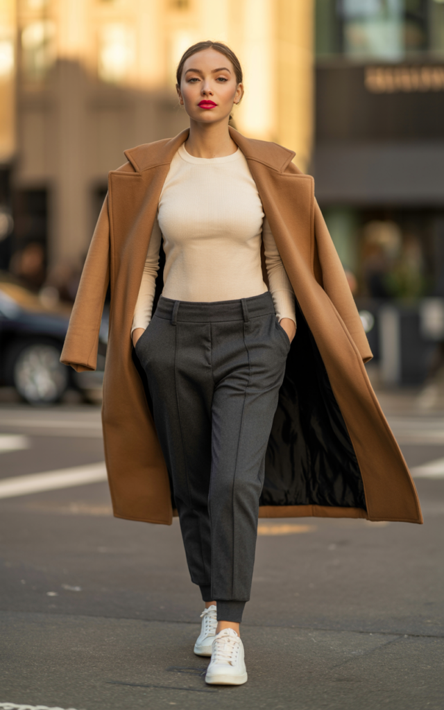 Elevate joggers with a sleek knit and statement coat.