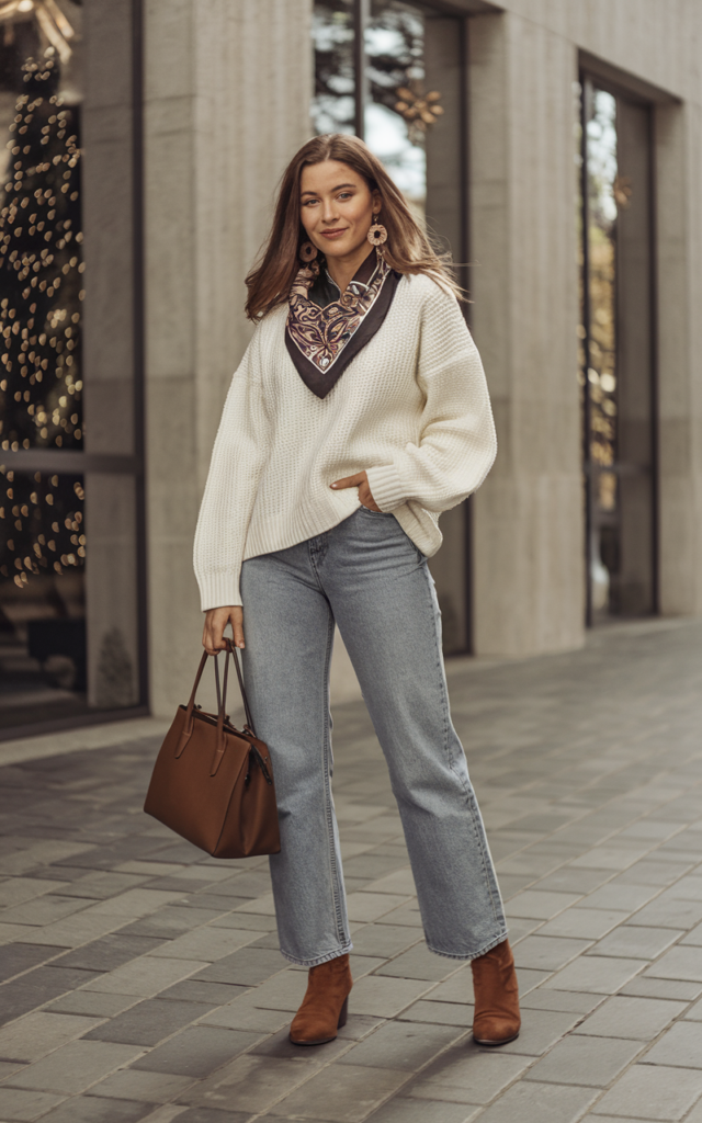 Finish with a classic white sweater and statement accessories.