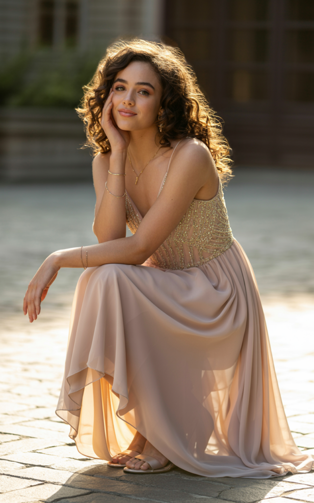 Float in a chiffon A-line gown with delicate beading