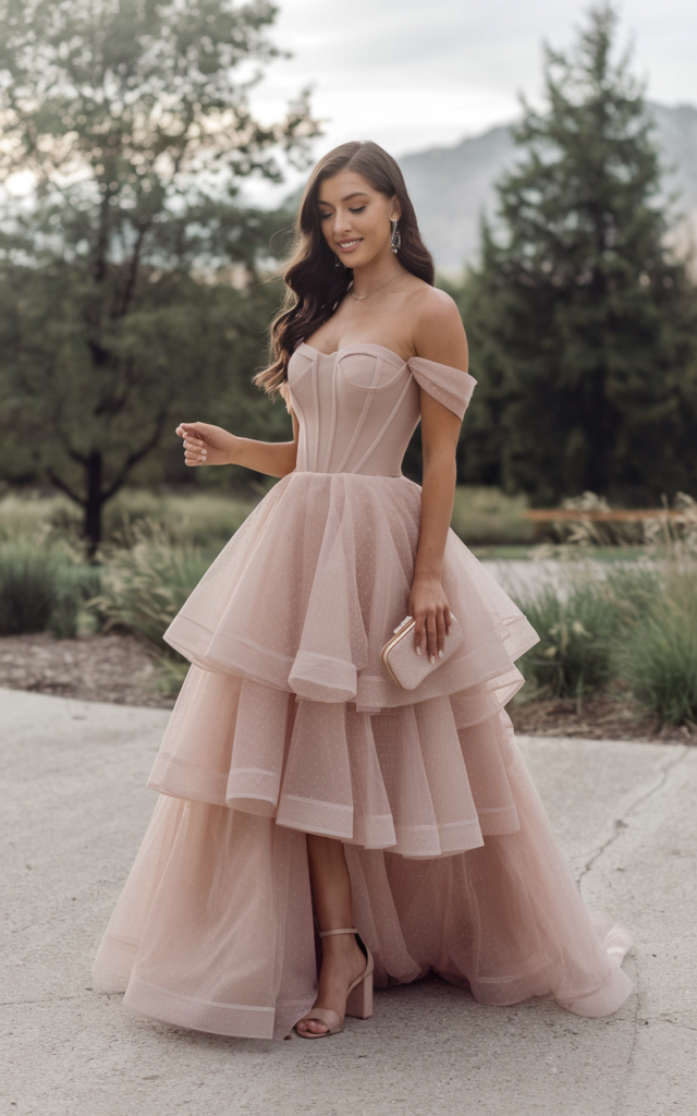 Float into prom in a layered tulle ball gown