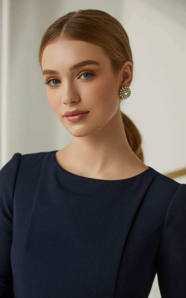 Go classic with a navy A-line dress and pearl studs.