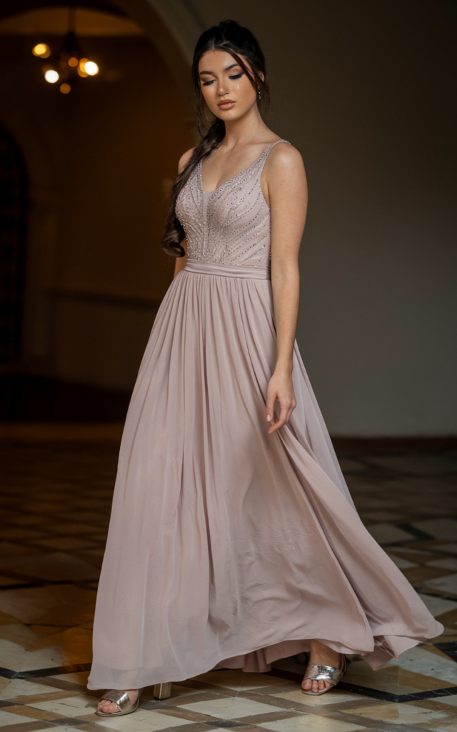 Go regal with an embellished empire-waist gown