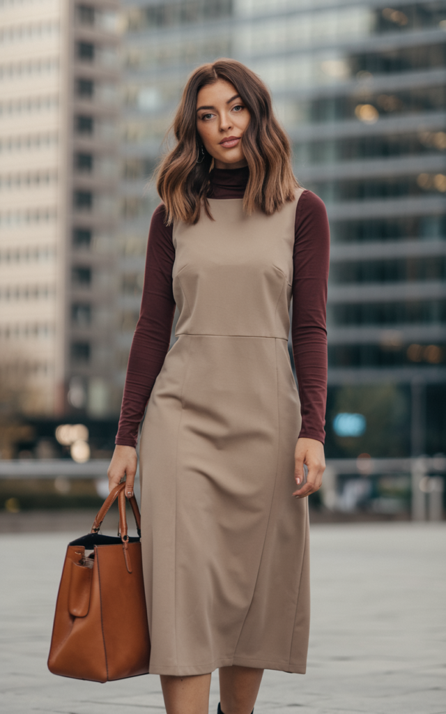 Layer a Deep Brown Turtleneck under a Sleeveless Midi Dress