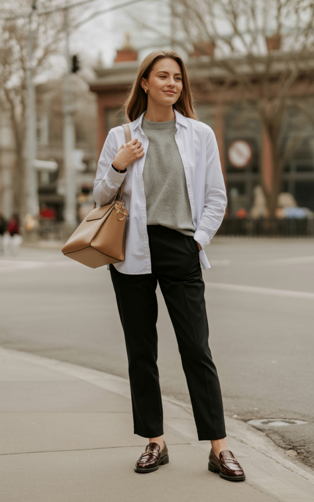 Layer a button-down under a crewneck sweater with tailored pants.