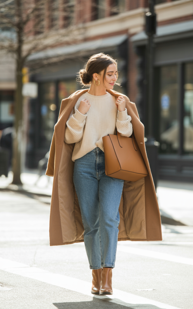 Layer a chunky knit sweater over straight-leg jeans and ankle boots.