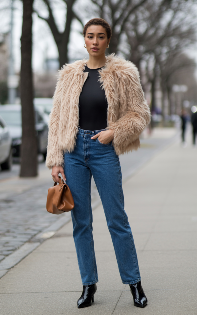 Layer a faux fur jacket over a fitted bodysuit and straight jeans.