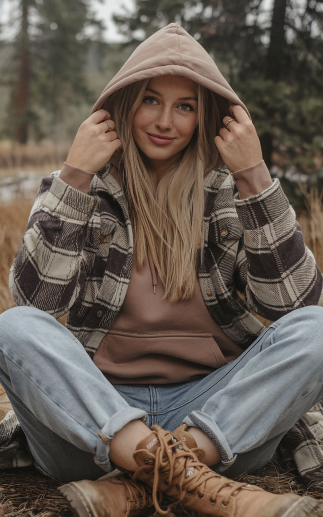 Layer a flannel over a hoodie with relaxed denim