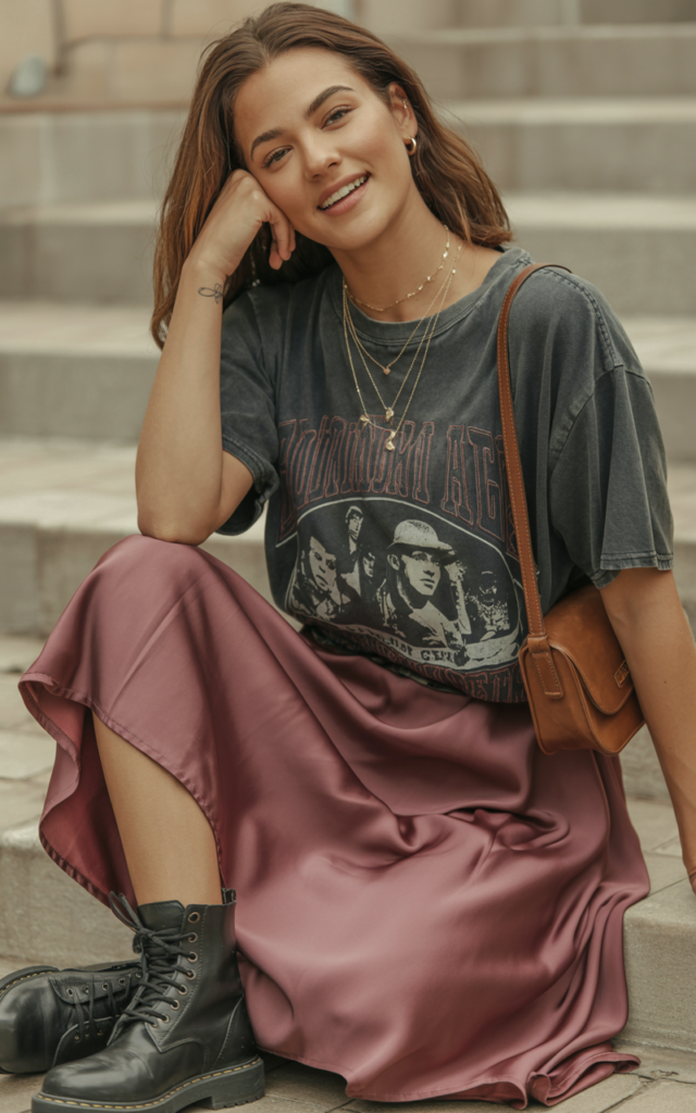 Layer a graphic tee under a satin midi skirt.