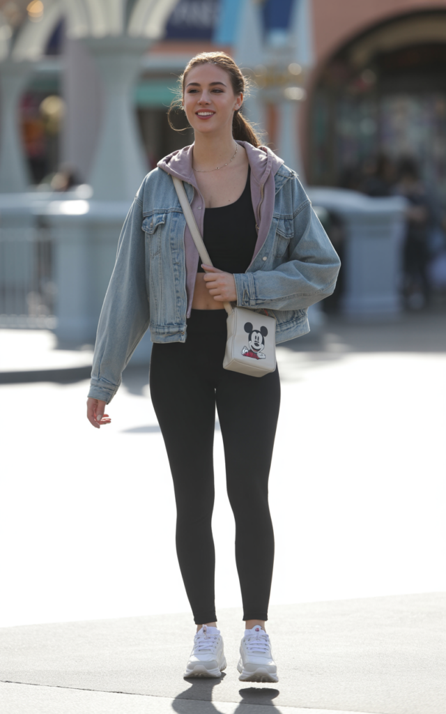 Layer a hoodie under a denim jacket with leggings.