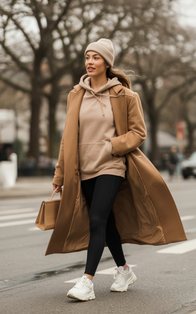 Layer a hoodie under a tailored coat with leggings.