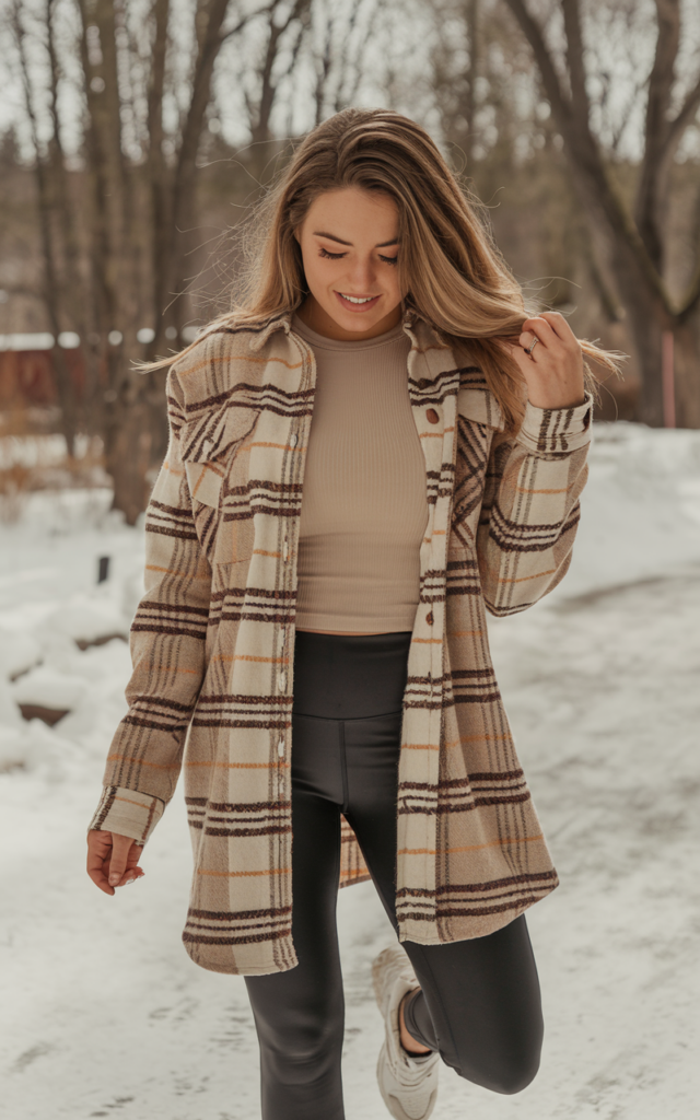Layer a plaid shacket over a basic tee and leggings.