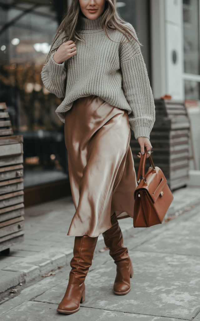 Layer a satin midi skirt with a chunky knit and tall boots.