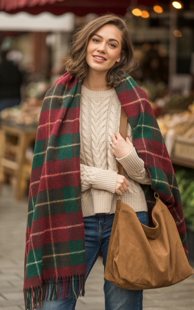 Layer a scarf over a monochrome sweater-and-jeans look.